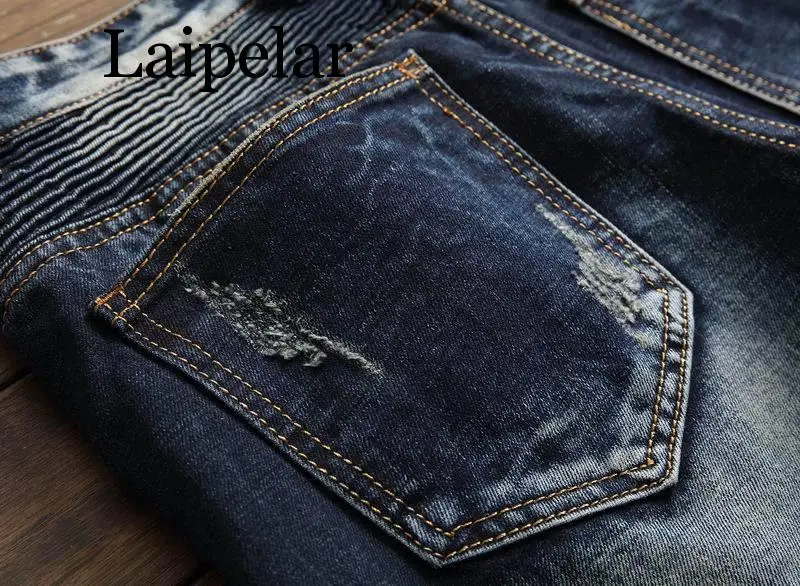 Laipelar мужские Плиссированные джинсы для байкеров Брюки Slim Fit брендовые дизайнерские мотоциклетные джинсовые брюки для мужчин прямые