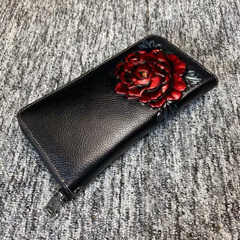 

Ladies Cowhide Flower Print Wallet Ladies Chinese Style Luxury Brand Wallet Card Holder Wallet Mobile Phone Bag Purse