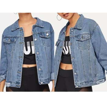 

New Style Spring & Autumn Women Lapel Buttons Ripped Denim Jacket Loose Fashion Casual Denim Jacket Lady's Coat Hot Sale