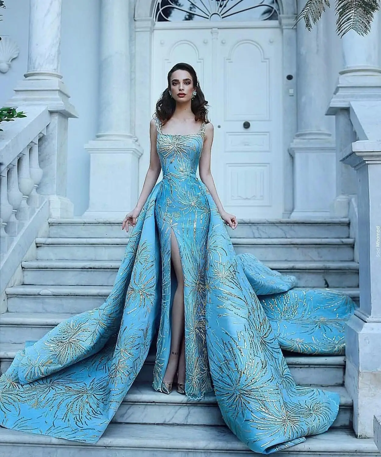 Light Blue Mermaid Prom Dresses With Detachable Train Side Split Beaded ...