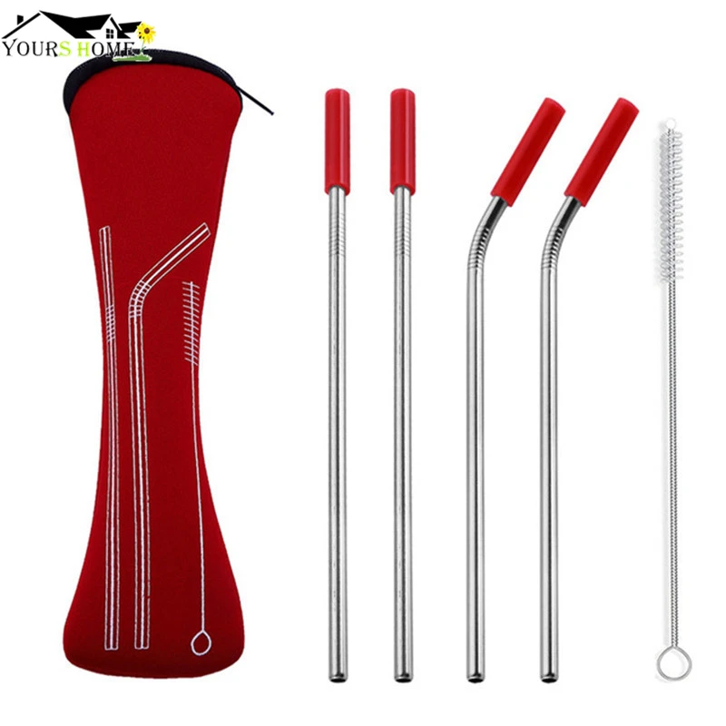 6pc/set Reusable Stainless Steel Straws Straight Bent Drinking Straws
