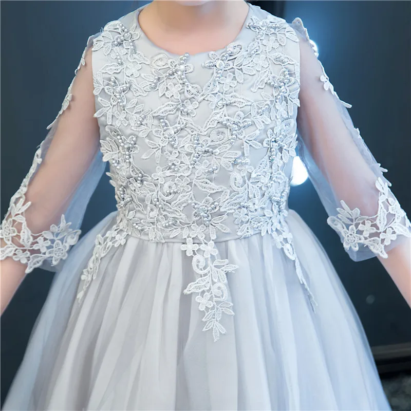 Детское кружевное платье принцессы с цветочной аппликацией и рукавом три