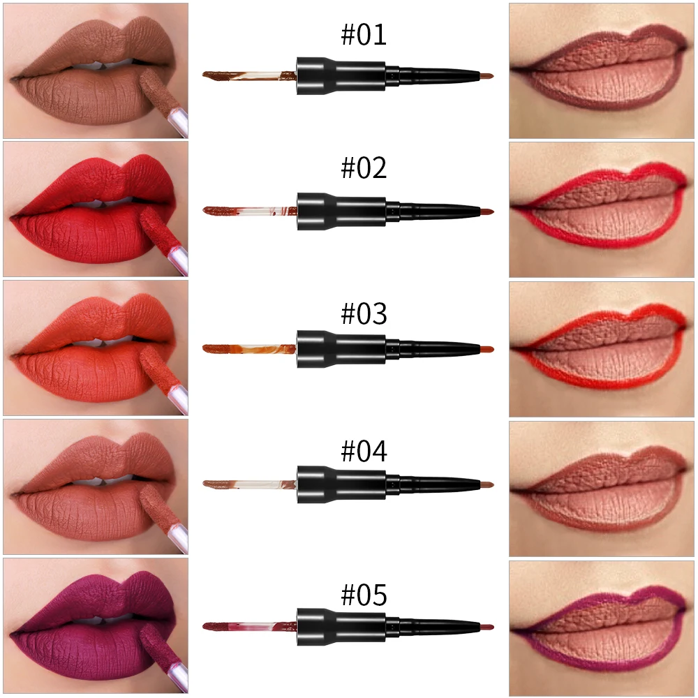 OEM Private Label 2in1 Matte Lip Gloss with Lip Liner Best No Sticky Long Lasting Liquid Lipstick Custom
