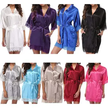

Womens Summer Ice Silk Half Sleeve Nightgown Sexy Eyelash Lace Patchwork Short Kimono Robe Solid Belted Sleepwear with Pockets
