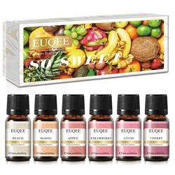 EUQEE 6pcs Fruit Fragrance Oil For Humidifiers Body Care Strawberry Cherry Litchi Apple Mango Peach 10ml Diffuser Essential Oils