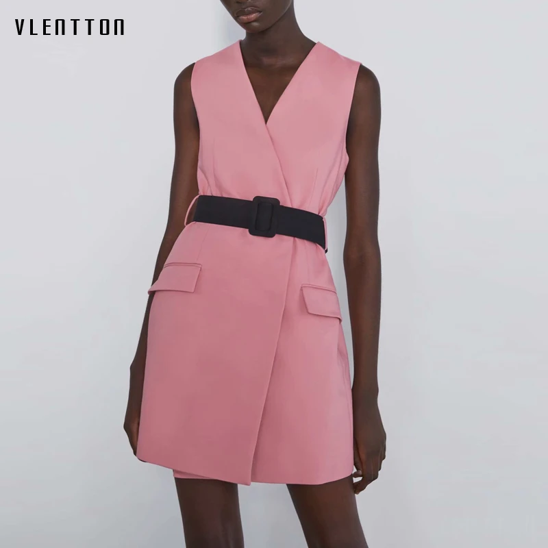 

2019 Pink Sexy V-neck Women Elegant Long Vests Jacket Sleeveless Waistcoat Pockets With Belt Office Coat Female Wear Outwear Top