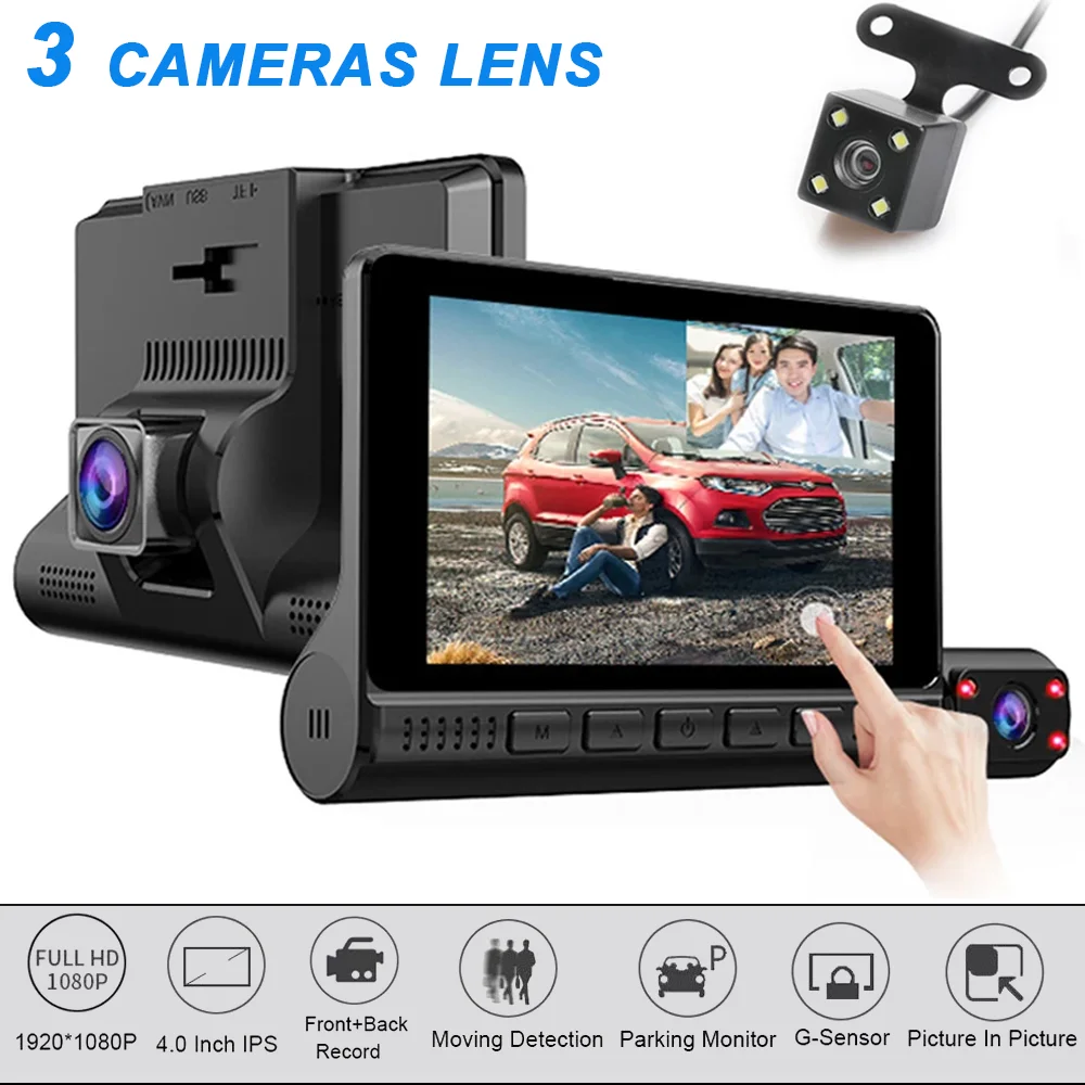 

4'' Touch Screen Dash Cam 3 Camera Lens Car DVR HD 1080P Auto Digital Video Recorder Dashcam Front Rear View G-Sensor Car DVRs