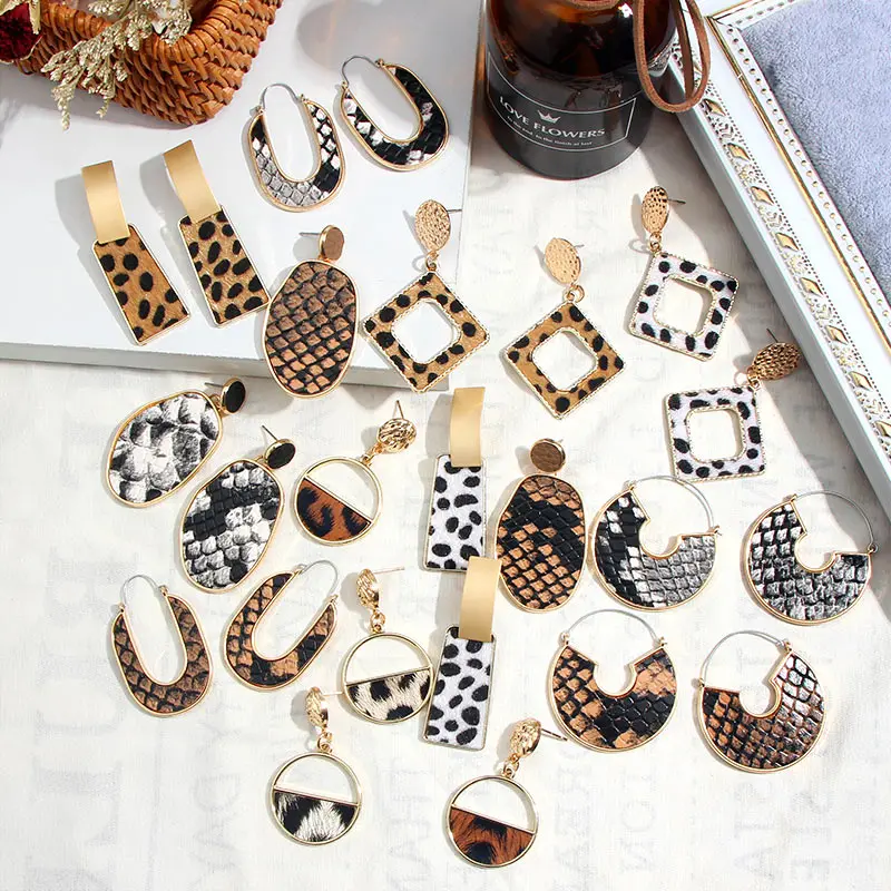 

Flatfoosie 2019 New 16 Design Leather Drop Earrings For Women za Leopard Print Geomertic Dangle Earring Maxi Boho Party Jewelry