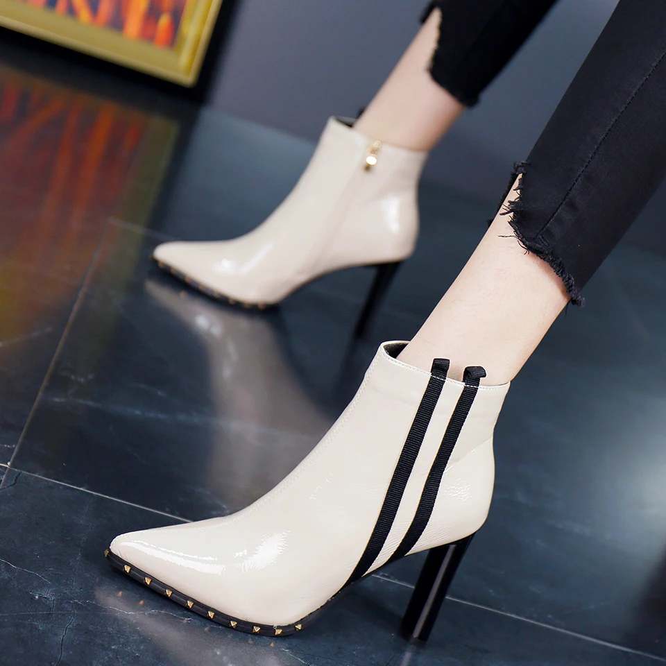 

2019 New Autumn Winter Thin High Heels Pointed Toe Ankle Boots for Women Striped Patent Leather Rivet Boots Fashion British