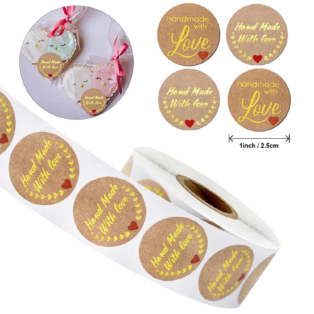 

500pcs Gold Round Sticker Hand Made with Love Kreft Paper Sticker Gift Bag/box Seal Labels DIY Decoration Stickers