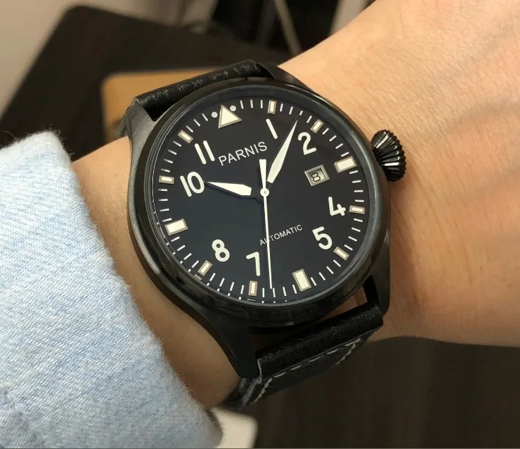 

47mm PARNIS Automatic Self-Wind Mechanical movement men's watch Black dial PVD case luminous Mechanical watches pa179-pp8