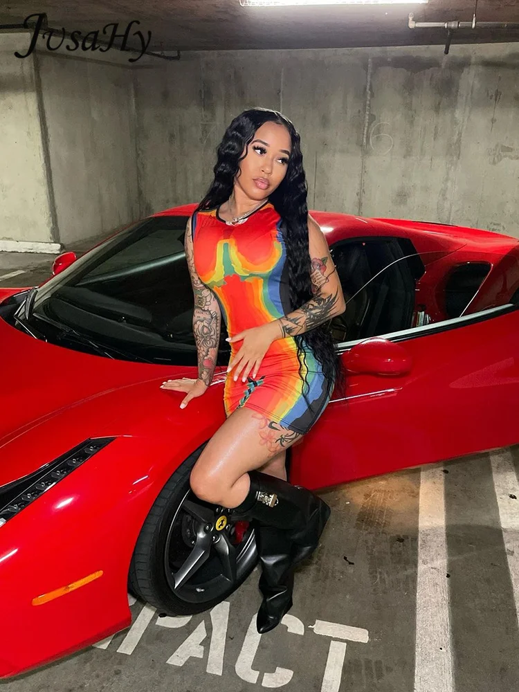 

JuSaHy Tie Dye Print Y2K Mini Dress for Women Fashion Sleeveless O-Neck Stretchy Slim Party Dress Casual High Streetwear Hot