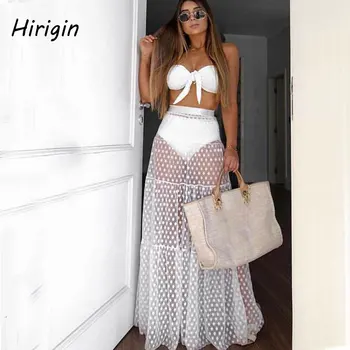 

2020 fashion Women's Long Skirt Pleated Skirt Fashion Mesh Loose High Waist Woman Skirts Black White Maxi Skirt beach wear skirt