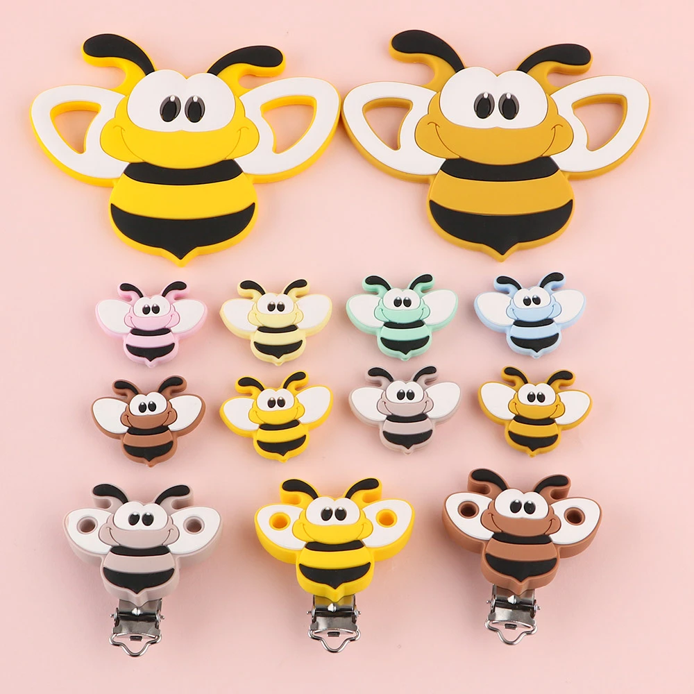 Sunrony Cartoon Animal Bee Silicone Bead/Teether/Clip Food Grade Pendants DIY Pacifier Chain Accessories Baby Teething Toys baby teething items diy