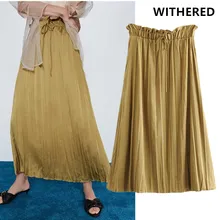 Увядшая миди юбка женская английская городская Офисная Женская однотонная плиссированная с сборкой талии атласная lofaldas mujer moda женские длинные юбки