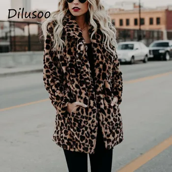

Dilusoo 2019 Winter Leopard Print Long faux Fur Coats Laper OverCoat Thick Warm Plus Size Loose Coat Female Pockets Plush Coats