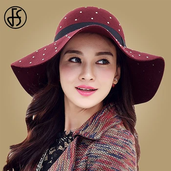 

FS Winter Warm Wool Bucket Hat for Women Wide Brim Fedora Rivet Hat Floppy Bowknot Cap Chapeau Black Red Woolen Bowler Cap