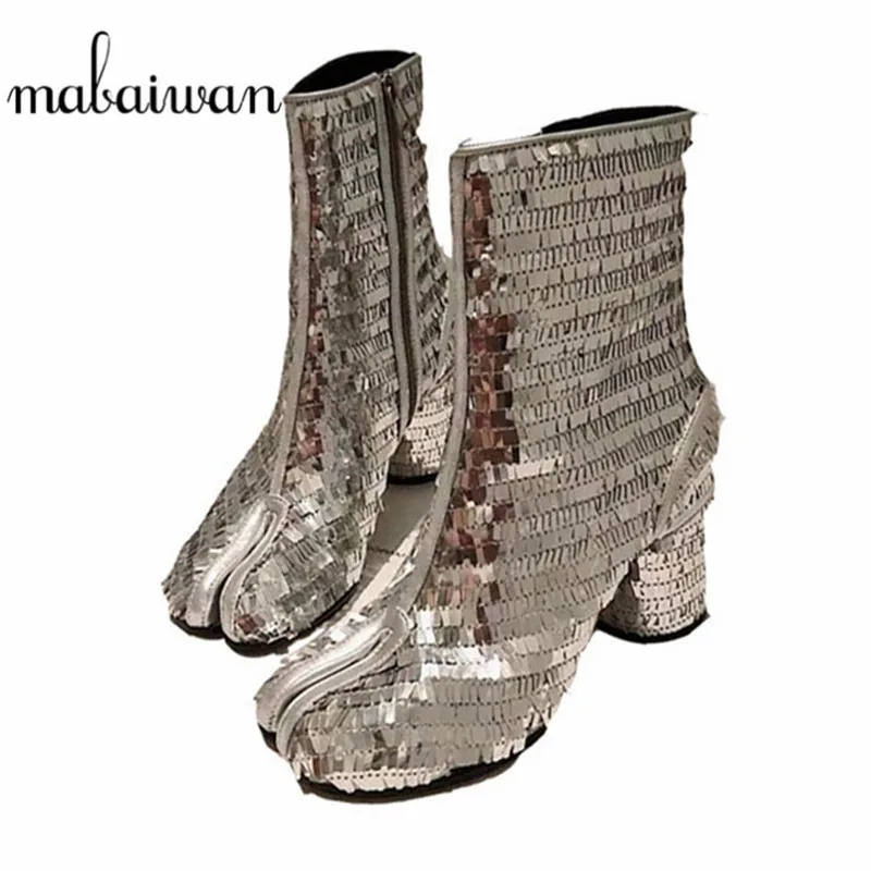 

Mabaiwan Fashion Women Short Ankle Boots High Heel Silver Glitter Sequins Split Toe Party Shoes Woman New Military Knight Boots