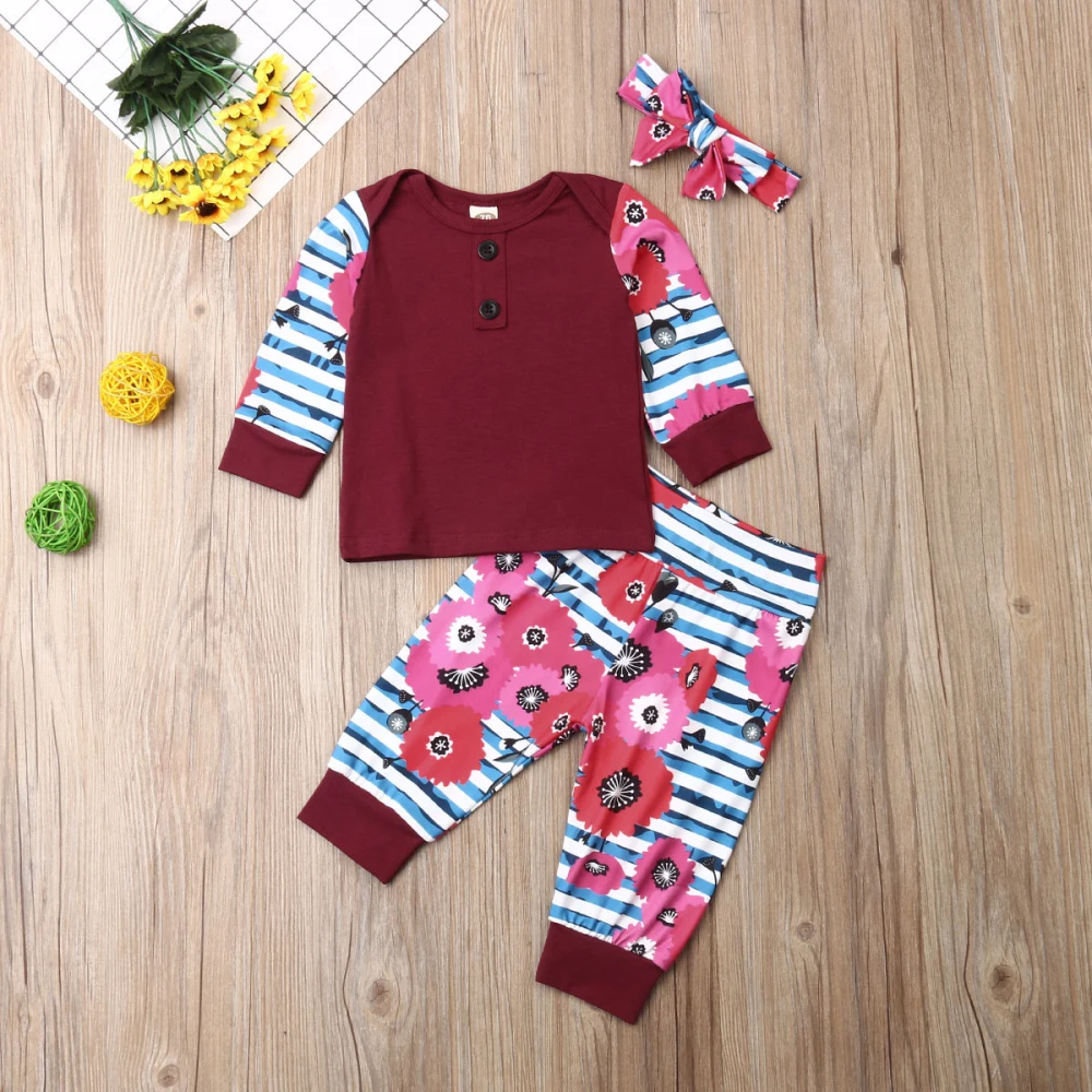 Newborn Infant Baby Girl Floral Tops T-Shirt Long Pants 3PCS Clothes Outfits