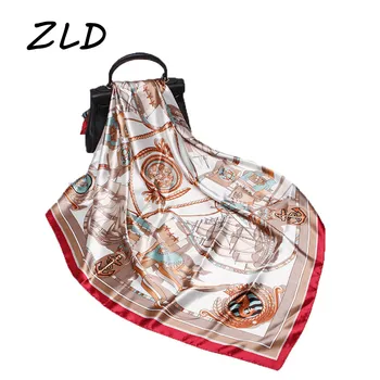 

ZLD womans fashion kerchief silk satin neck scarf sailboat print hijab scarfs female 90*90cm square wraps scarves and shawls