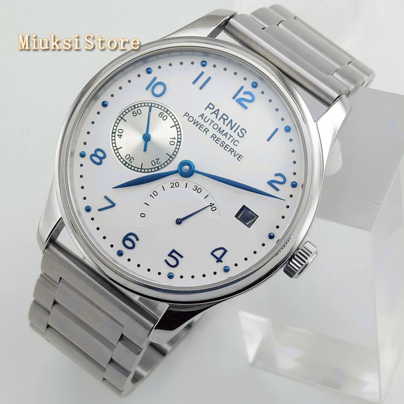 

Parnis men's top business watch 43mm white dial date power reserve automatic self-Wind movement men's mechanical watch