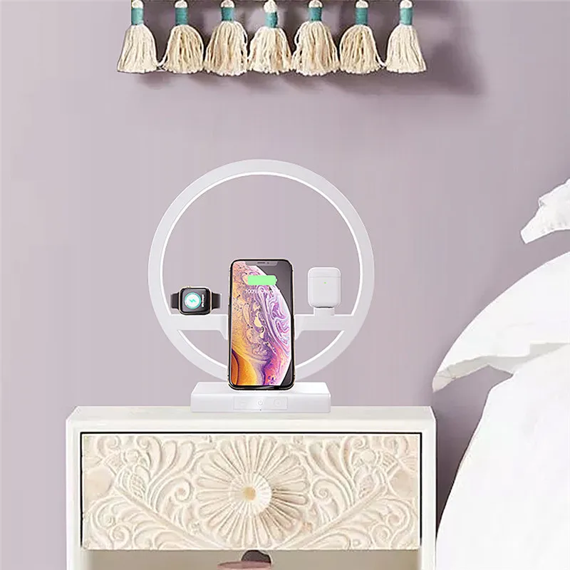 3-в-1 5 W/7,5 Вт/10 Вт Беспроводной Зарядное устройство для Iphone для наручных часов Apple Watch для Airpods 4-в-1 Плавная тусклая настольная лампа зарядный кронштейн