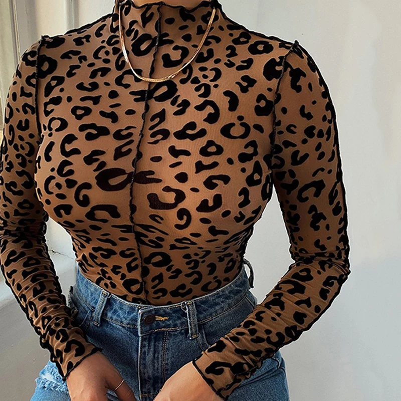 OMSJ Women New Sexy Leopard Printed Skinny Bodysuit Brown High Neck Long Sleeve Jumpsuit Clubwear Tops Basic Overalls For Ladies orange bodysuit Bodysuits