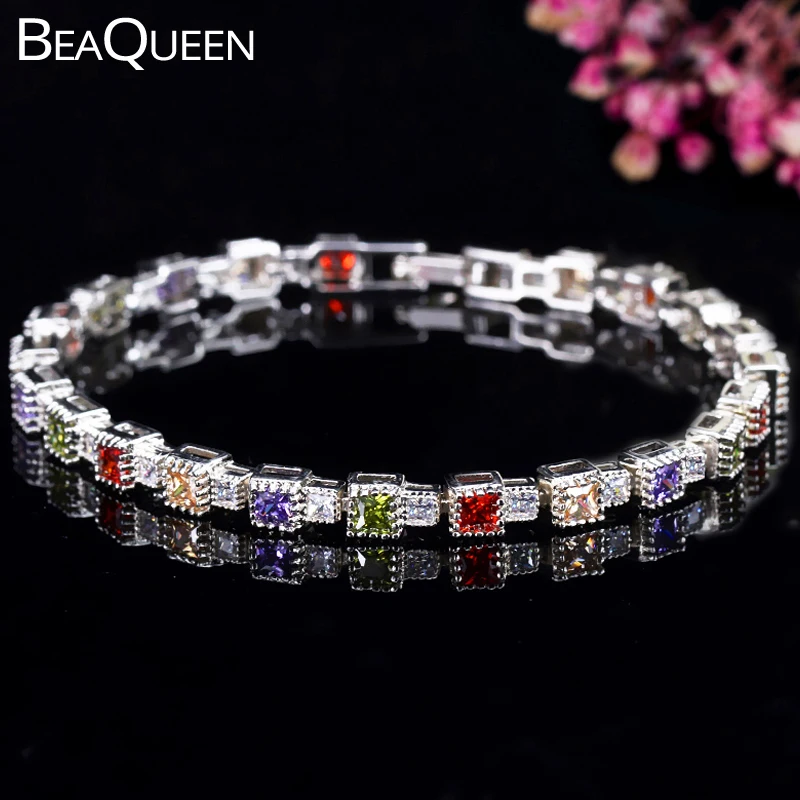 BeaQueen новейший зеленый фиолетовый красный Шампань многоцветный квадратный кубический циркон Кристалл 925 Серебряный браслет для тенниса для дам B106