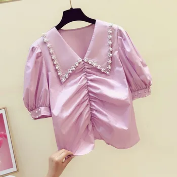 

Sweet Beaded Solid Turn-Down Collar Women Blouse 2020 Summer New Solid Pink Lantern Sleeved Slim Lady Pulls Outwear Tops