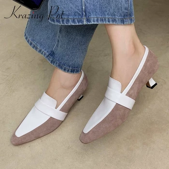 

Krazing pot hot new arrival genuine leather patchwork small square toe med strange heel slip on superstar gentlewomen pumps L1f2