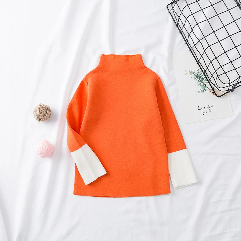 Детский свитер; свитер с высоким воротником в рубчик для девочек; однотонные свитера ярких цветов для мальчиков; Новая Осенняя трикотажная одежда для детей; пуловер - Цвет: orange