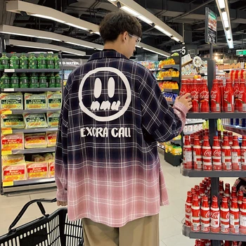 

Mens Korean Smile Hip Hop Shirts Long Sleeve 2020 Tie Dye Casual Plaid Shirts Mens Harajuku Shirts Women Button Shirt