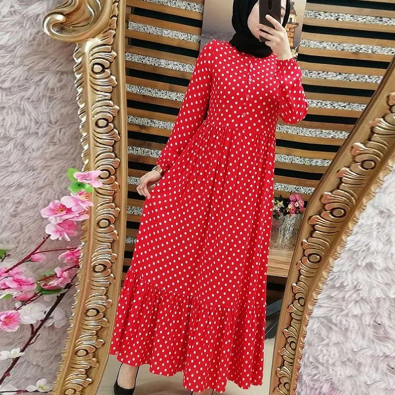 Red Dress Siskakia/длинное платье в горошек с принтом; повседневные мусульманские платья; однобортное платье с высокой талией; ДРАПИРОВАННОЕ лоскутное платье с оборками - Цвет: Red Dress