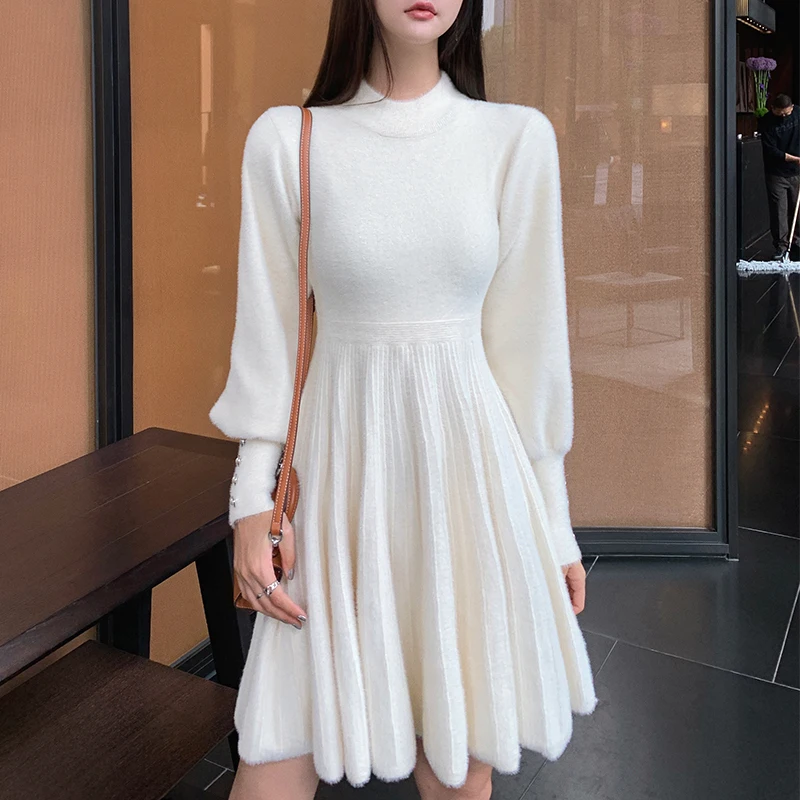 

FORYUNSHES Fashion High Quality Elegant Furry Dress High Waist Slim Mini Knitted Dresses 2020 Autumn Winter Knit Pleated Dress