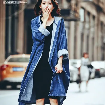 Spring And Autumn New Style Europe And America BF Style Casual Loose-Fit over-the-Knee Overcoat Hooded Denim Windbreaker Co