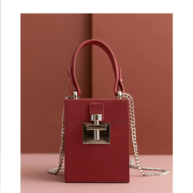 

Ladies Luxury Box Small Square Bag New Genuine Leather Chain Shoulder Bag Square Box Oblique Portable Lock Cow Leather Bag