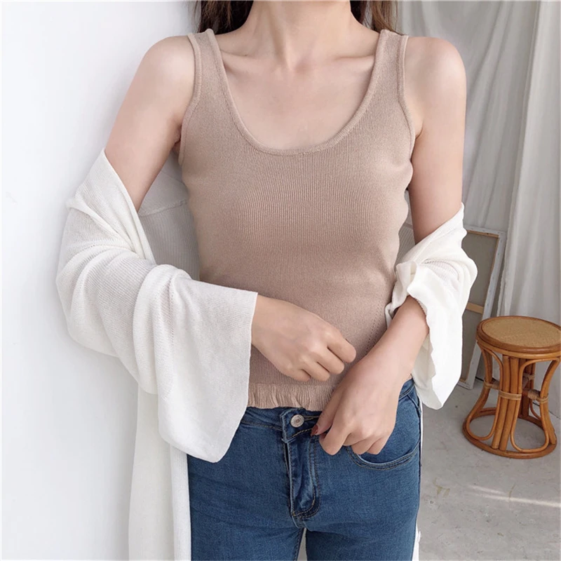 Shellsuning Camisole, Женская Весенняя волнистая короткая трикотажная майка с u-образным вырезом без рукавов, однотонная простая повседневная Облегающая майка, мягкая Женская майка