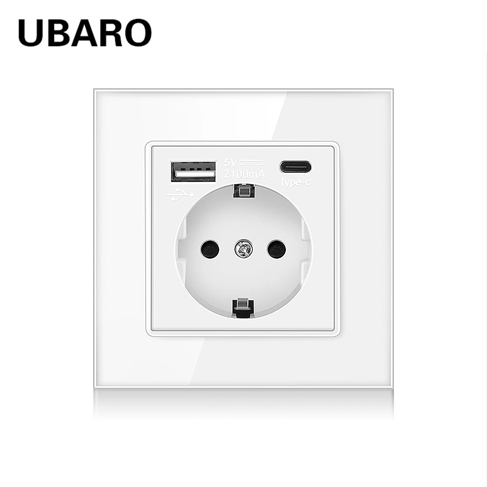 UBARO prise électrique murale Eu 86x86mm, panneau en verre trempé, Usb Type C 5V 2100ma, ac