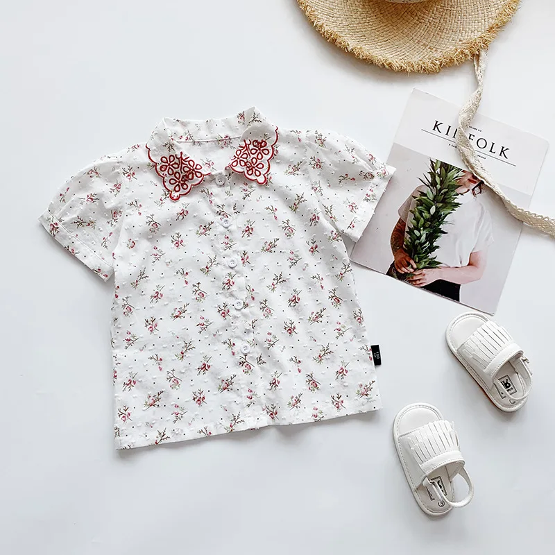 Summer Girls Fashion Embroidery Flower Short Sleeve Blouse Baby Kids Children Shirt