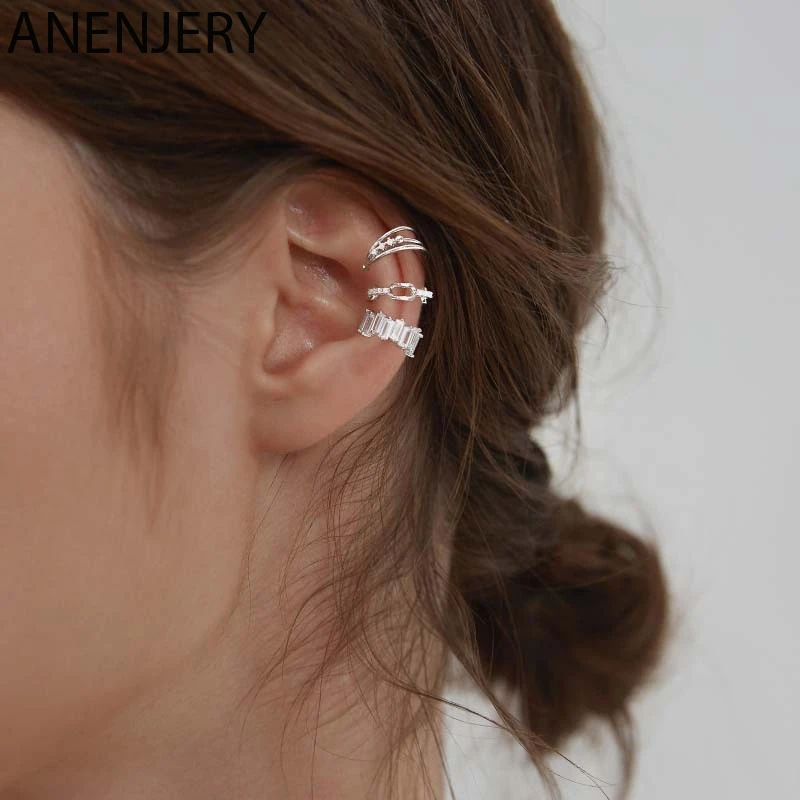 ANENJERY 925 Sterling Silver 1 pcs Charming Line Zircon Clip On Earrings Ear Cuff Without Piercing Jewelry S-E1300 | Украшения и