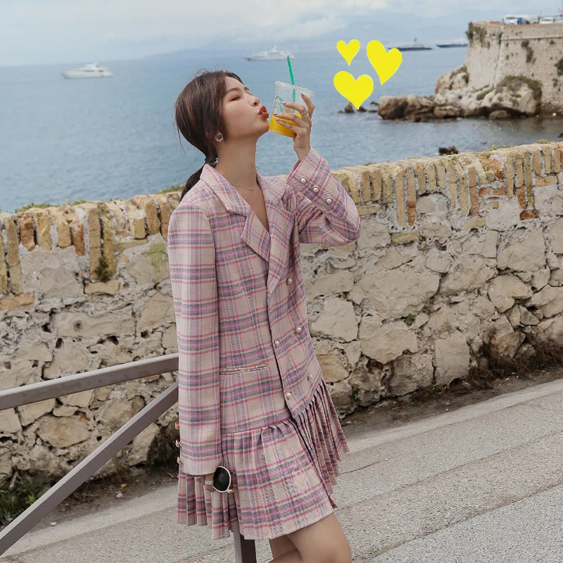 

Pleated Skirt Suit Jacket Autumn 2019 Double Breasted Waist Hugging Lace-up College Style by Age Western Style Plaid Pleated Ski