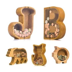 Tirelire en bois Transparent avec lettres anglaises, ornements décoratifs pour la maison et la chambre à coucher, boîte d'épargne, pièces de monnaie, jouets pour enfants, cadeaux sûrs 