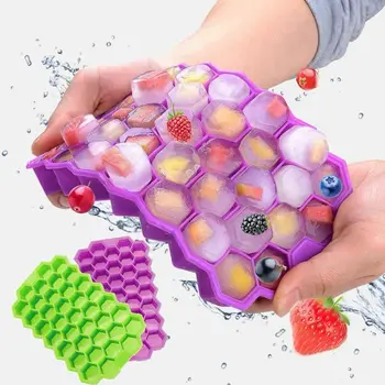 

37 Cubes Honeycomb Ice Cube Tray BPA Free Silicone Ice Cube Making Mold Household Ice Box With Lid Kitchen Food Moulds 1pc