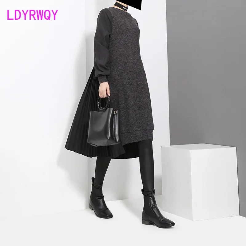 2019 autumn and winter women's new knit Korean version of the slim plus velvet dress  Ankle-Length  Full