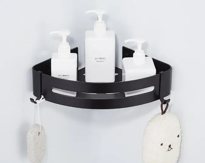 Vidric Nail Free Space Aluminum Black Bathroom Shelf Cosmetic Rack With Single Lever Bath Corner Basket With Hook Bathroom Rack - Цвет: corner one tier