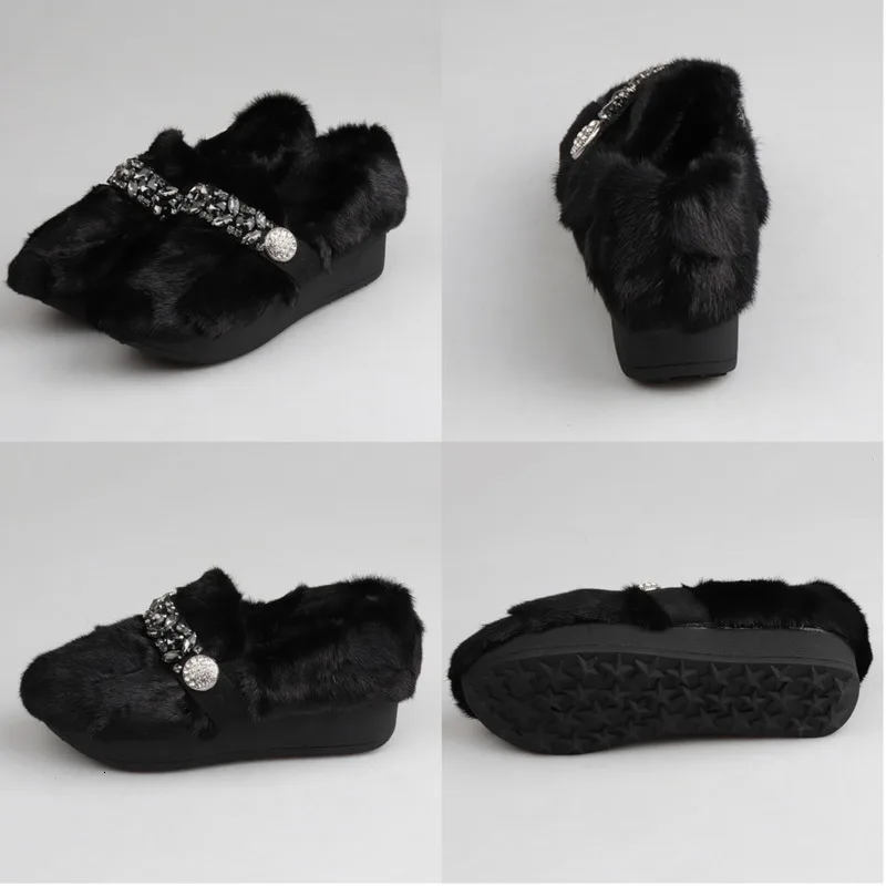 [DEAT] Round Toe Shallow Mink Fur Crystal Velvet Shoes Wedges Heels Shoes Women New Autumn Winter Fashion Tide 10F002