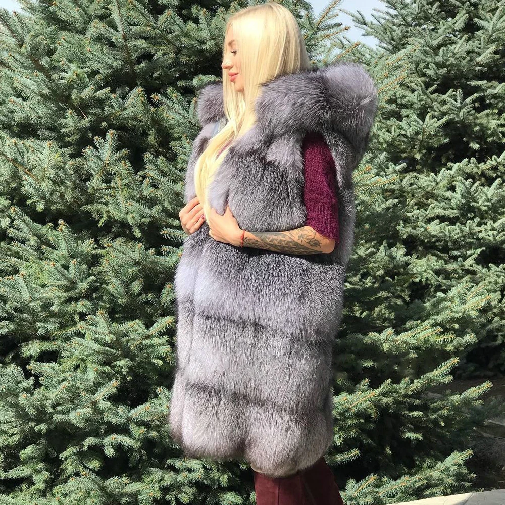 Long Real Silver Fox Fur Vest with Hood Natural Women High Quality Genuine Silver Fox Fur Coat Sleeveless Fur Overcoats Luxury