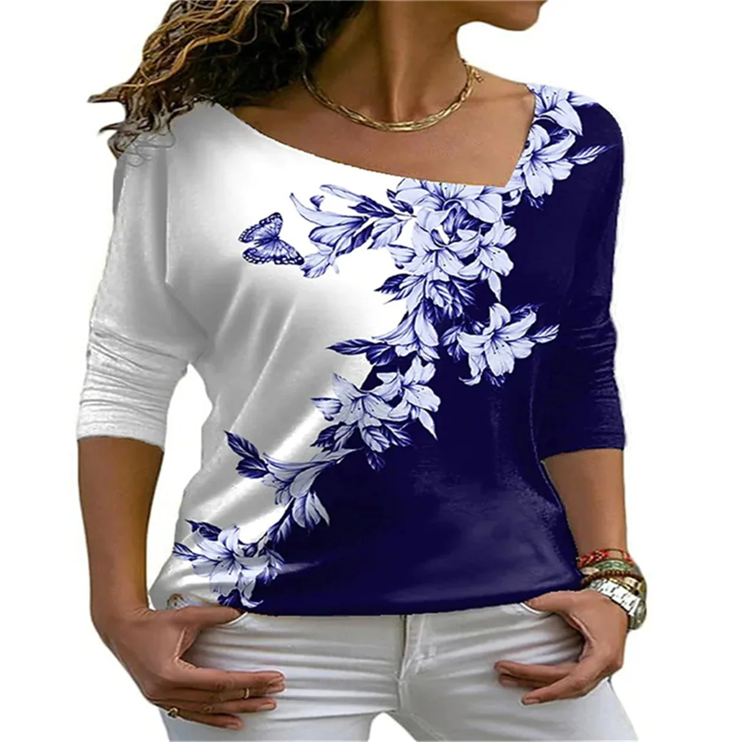 

New Fashion Butterfly 3D Printing Pattern Shirt V-neck Long-Sleeved Bottoming Shirt Women Retro Slim T-shirt