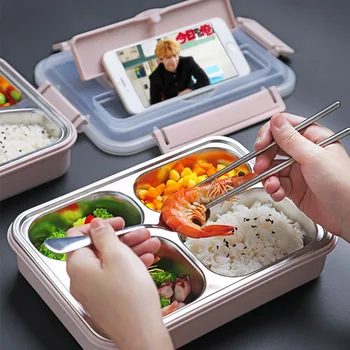 

Portable 304 Stainless Steel Lunch Box New Compartment Bento Box Kitchen Leakproof Food Container To Send Tableware