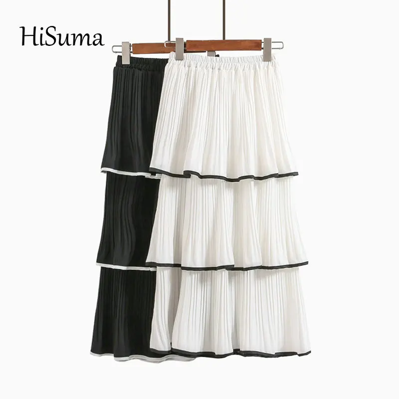 

2020 winter new female 3 layer ruffles color block chiffon puff skirts women's high waist ball gown skirt